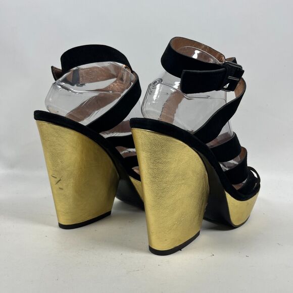 MARC BY MARC JACOB Sandals 40 Suede 5" Block Heels Platform Black Gold - Picture 8 of 16